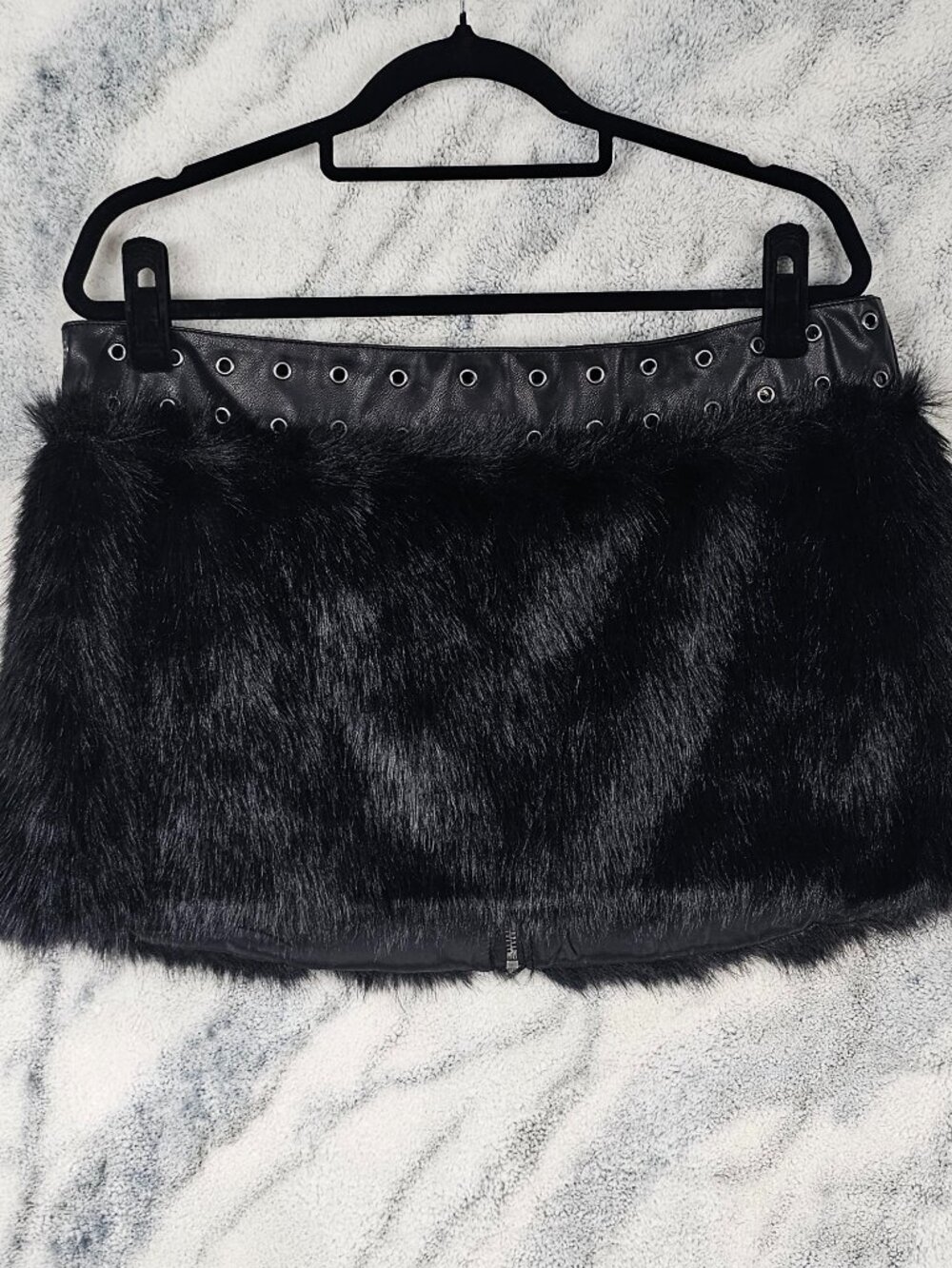 Club Exx XXL Black Faux Fur Mini Skirt Vegan Leather Grommets Back Zipper Party